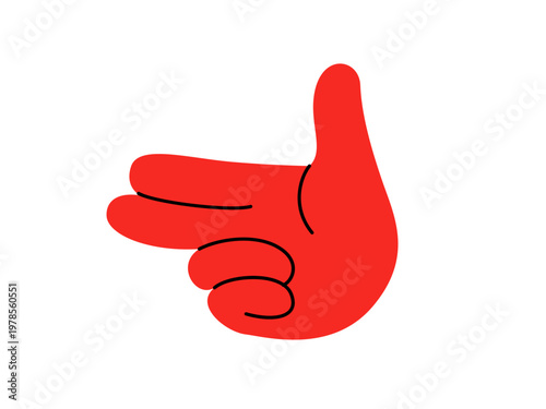 Red hand gesture showing finger gun or pointing direction. Vector icon for shooting, goal aiming, and choice concept. Minimalist flat cartoon illustration isolated on white background. Playful sign