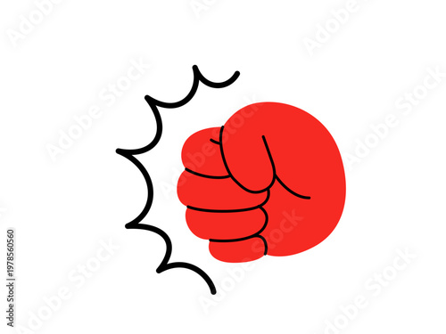 Red clenched fist punch impact vector illustration. Powerful strike symbol with impact lines, isolated on a white background