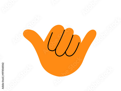 Shaka hang loose hand gesture vector illustration. Orange cartoon hawaiian aloha sign. Surfer culture cool relaxed communication symbol on white background