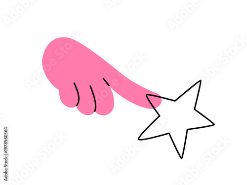 Pink hand touching star icon vector. Finger pointing to star symbol for success, rating, and dream concept. Flat cartoon illustration of choice and achievement isolated on white background