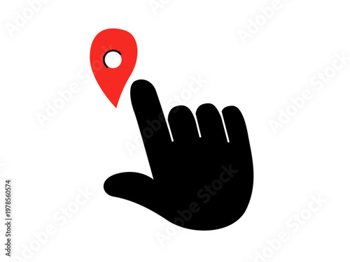 Hand pointing to location pin icon. Vector map pointer with finger touch gesture. Navigation, GPS destination, and tracking symbol in flat style. Isolated on white background