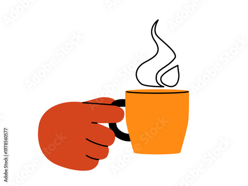 Hand holding hot coffee cup or tea mug with steam. Vector beverage icon for morning break, cafe, and breakfast concept. Flat cartoon illustration isolated on white background. Warm drink symbol