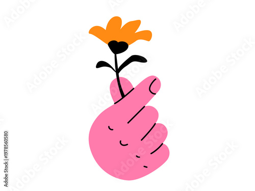 Pink hand making finger heart gesture with orange flower. Korean love symbol, k-pop sign, romance and care concept. Minimalist flat vector illustration isolated on white background. Giving love