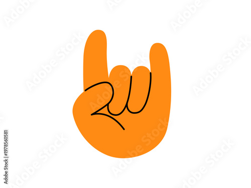 Orange vector hand showing rock on sign gesture. Horns up finger symbol for music concert, metal festival, or heavy rock fan. Minimalist flat cartoon illustration isolated on white