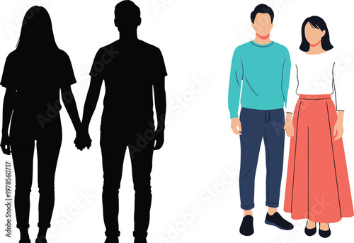 Couple Silhouette and Colored Character Vector Illustration Set with Man and Woman Holding Hands in Flat Style for Relationship and Lifestyle Design