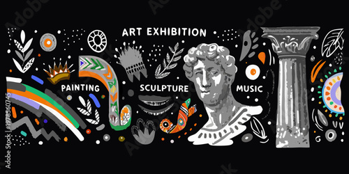 An art exhibition banner featuring classical sculpture painting and music themes