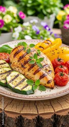 Grilled chicken breast with vegetables on a plate outdoors in garden