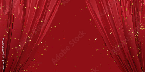 Red velvet curtains with golden confetti creating a dramatic stage effect