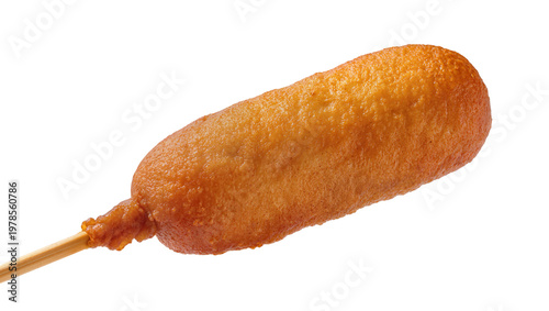 Golden brown corn dog on a wooden stick, isolated on transparent background