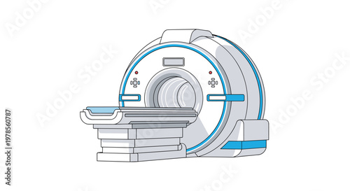 Medical MRI machine featuring a large circular bore with blue trim and a sliding patient bed positioned on a clean and bright plain white background.