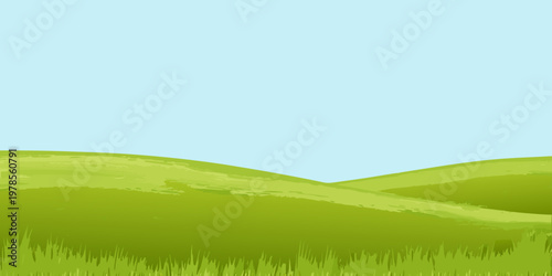 Simple landscape illustration featuring rolling green hills and a blue sky