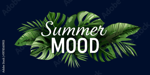Tropical monstera leaves and text reading summer mood on dark blue