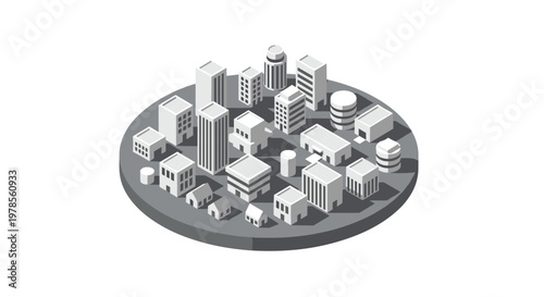Minimalist monochrome isometric city model featuring simple geometric building shapes arranged on a circular grey base with sharp architectural shadows.