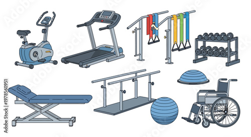 Collection of Fitness and Rehabilitation Equipment in Vector Style