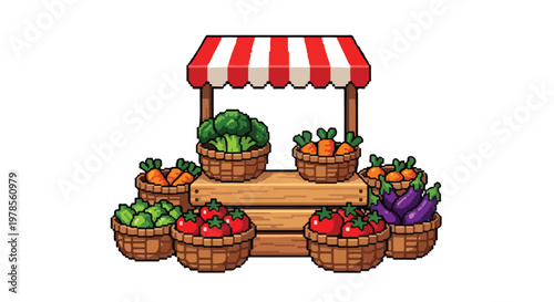 A charming pixel art vector illustration featuring a wooden market stall filled with baskets of fresh vegetables under a red and white striped awning.
