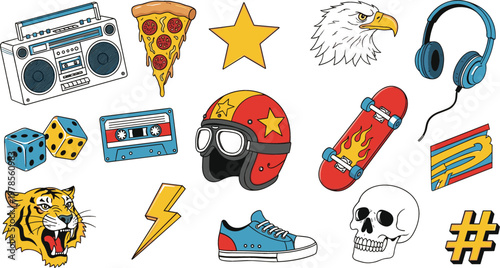 Retro Pop Culture Cartoon Vector Set with Boombox, Pizza Slice, Skateboard, Headphones, Cassette, Skull and Street Style Elements for Trendy Design Collection