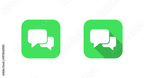 Speech bubble chat icon with long shadow. Conversation message symbol in green square