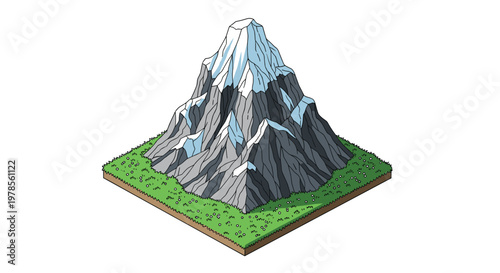 Isometric illustration of a solitary majestic snow capped mountain peak resting on a square base of lush green grass and dark brown earth soil textures.