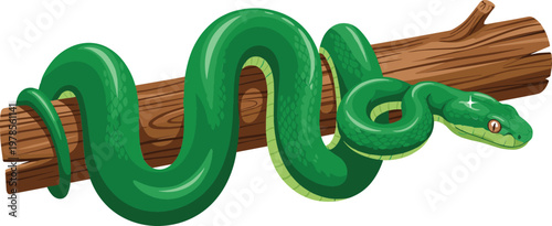 Green Snake Cartoon Vector Illustration Coiled on Wooden Log with Detailed Reptile Character for Wildlife, Nature, Jungle and Animal Design Elements