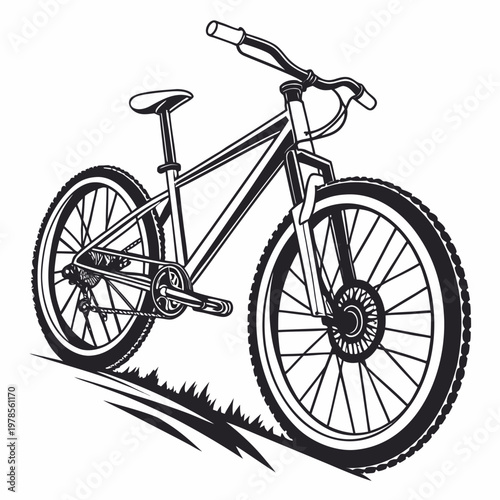 Mountain bike on grassy slope in black and white vector illustration for sports advertising.