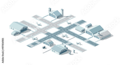 Simplified isometric view of an airport maintenance facility featuring gray hangars and intersecting concrete taxiways with minimal parked aircraft structures.