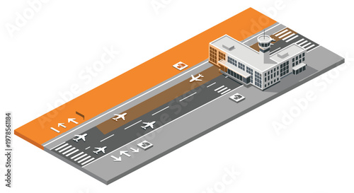 Isometric perspective of a single modern airport terminal building with an elongated runway featuring orange ground markings and small airplane icons nearby.