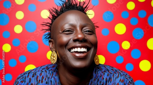 Joyful Black Woman Wearing Vibrant Gold Earrings Against Colorful Polka Dot Background