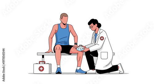 Medical professional treating athlete's knee injury on bench