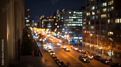A vibrant long exposure view of a busy metropolitan street at night from an elevated residential vantage point