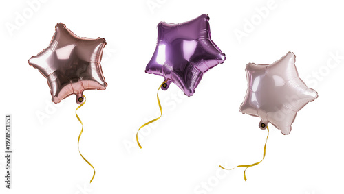 Three metallic star-shaped balloons with yellow ribbons, isolated on transparent background