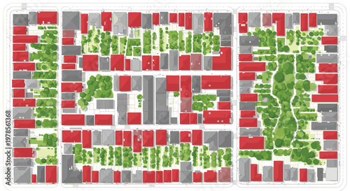 Detailed aerial map view of a dense urban neighborhood grid featuring vibrant red roofed residential houses and lush green park zones on city street blocks.