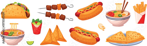 Street Food Illustration Set Featuring Hot Dogs Tacos Nachos Shawarma Noodles and Fast Food Snacks for Menu Design and Casual Dining Concepts