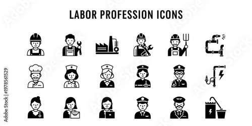 A diverse set of informative minimalist vector icons representing various labor professions and occupations for career and industry concepts