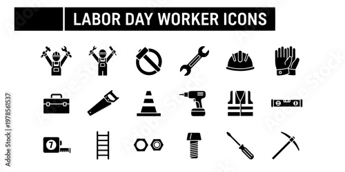 Clean minimalist collection of Labor Day worker icons featuring various construction and industrial tools for work safety and professions