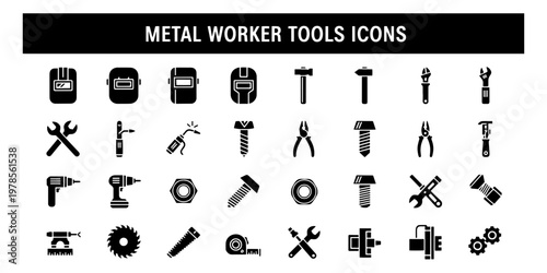 A practical collection of minimalist flat icons representing metal worker tools and industrial equipment for construction and repair work.