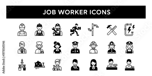 Diverse job worker and professional icons set in a minimalist graphic style suitable for informational projects
