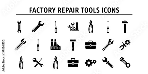 Informational Minimalist Illustration of Factory Repair Tools Icons Collection. This vector set showcases essential industrial maintenance symbols like wrenches, hammers, and screwdrivers .