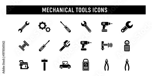 Essential mechanical tools icons set in a clean and minimalist style, providing a technical and informative mood for engineering and repair projects