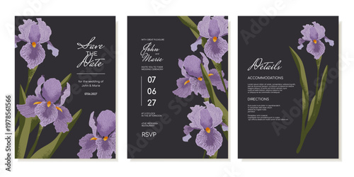 Wedding Invitation Template With Purple Iris Petals and long green leaves on a dark background. Hand-painted spring flower in detail. Invitation cover page, rsvp and details. Vector