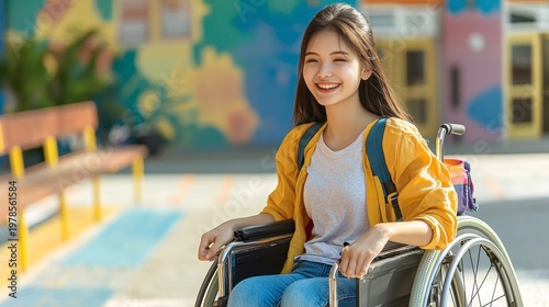 Joyful Woman in Wheelchair Enjoying Urban Environment with Bright Colorful Background