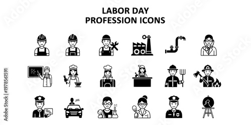 Minimalist Informative Profession Icons for Labor Day Set Featuring Diverse Occupations and Careers