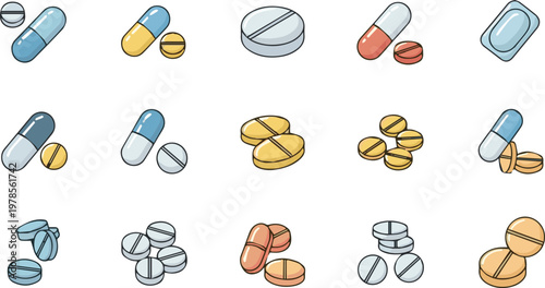 An assortment of colorful pills and capsules are scattered on a surface.