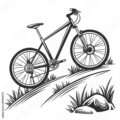 Mountain bike on grassy hill in black and white line art for outdoor adventure illustration