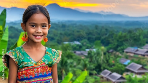 Curious child in traditional dress against stunning mountain village backdrop at sunrise