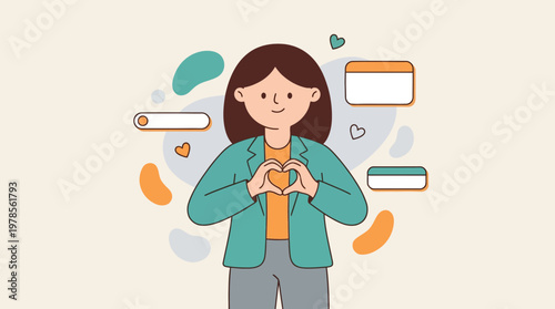 Woman creating heart shape among abstract shapes. Suitable for love, relationships, creativity, emotions, communication concepts in design and marketing projects.