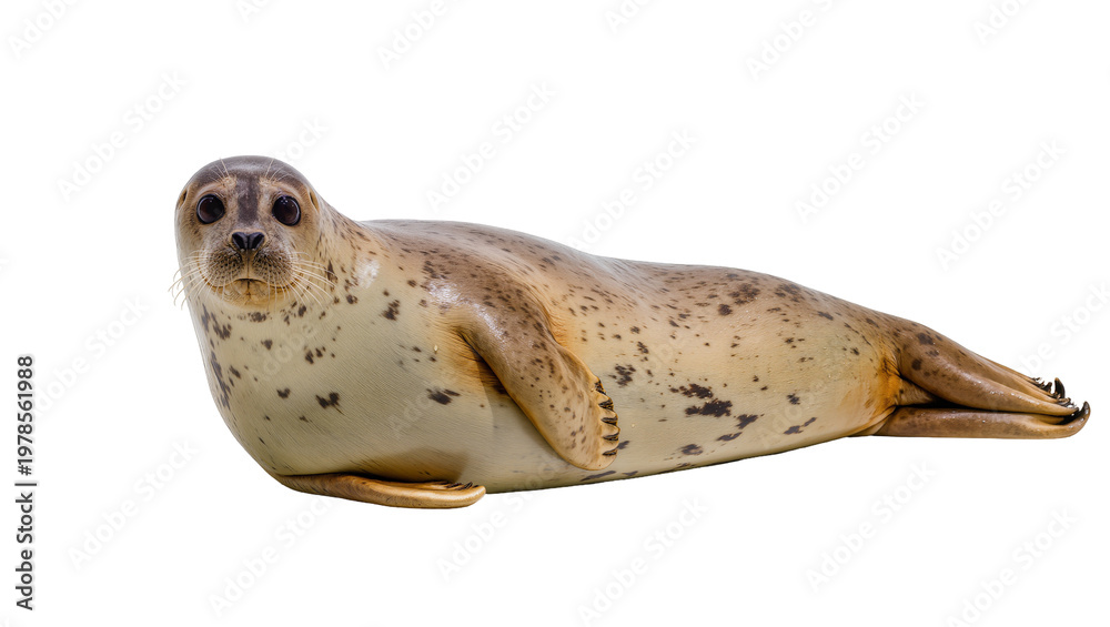 Obraz premium Spotted seal resting on its belly, isolated on transparent background