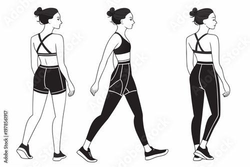 A vector graphic illustration of a woman in various athletic poses and outfits