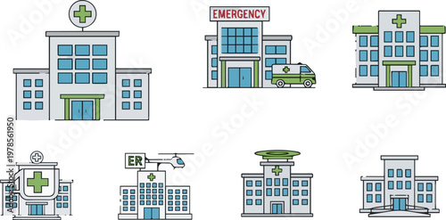 Emergency services respond quickly outside hospital buildings with ambulances