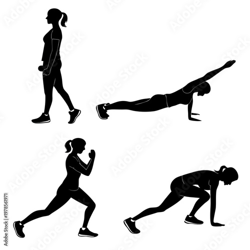 A set of four black silhouette illustrations of a woman performing various exercises
