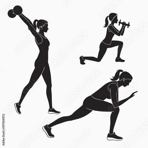 A fit woman engaging in various exercises with dumbbells in a vector graphic illustration